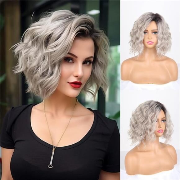 Short Curly Wavy Bob Wigs for White Women Ombre Grey Ash Blonde Bob Synthetic